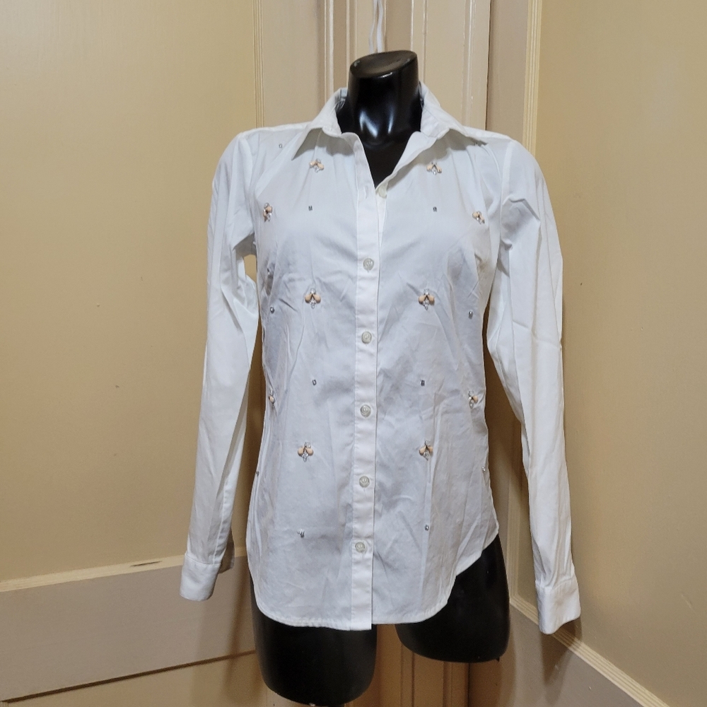 Ann Taylor Tailored Rinestone & Beaded Crisp White Button Down Shirt